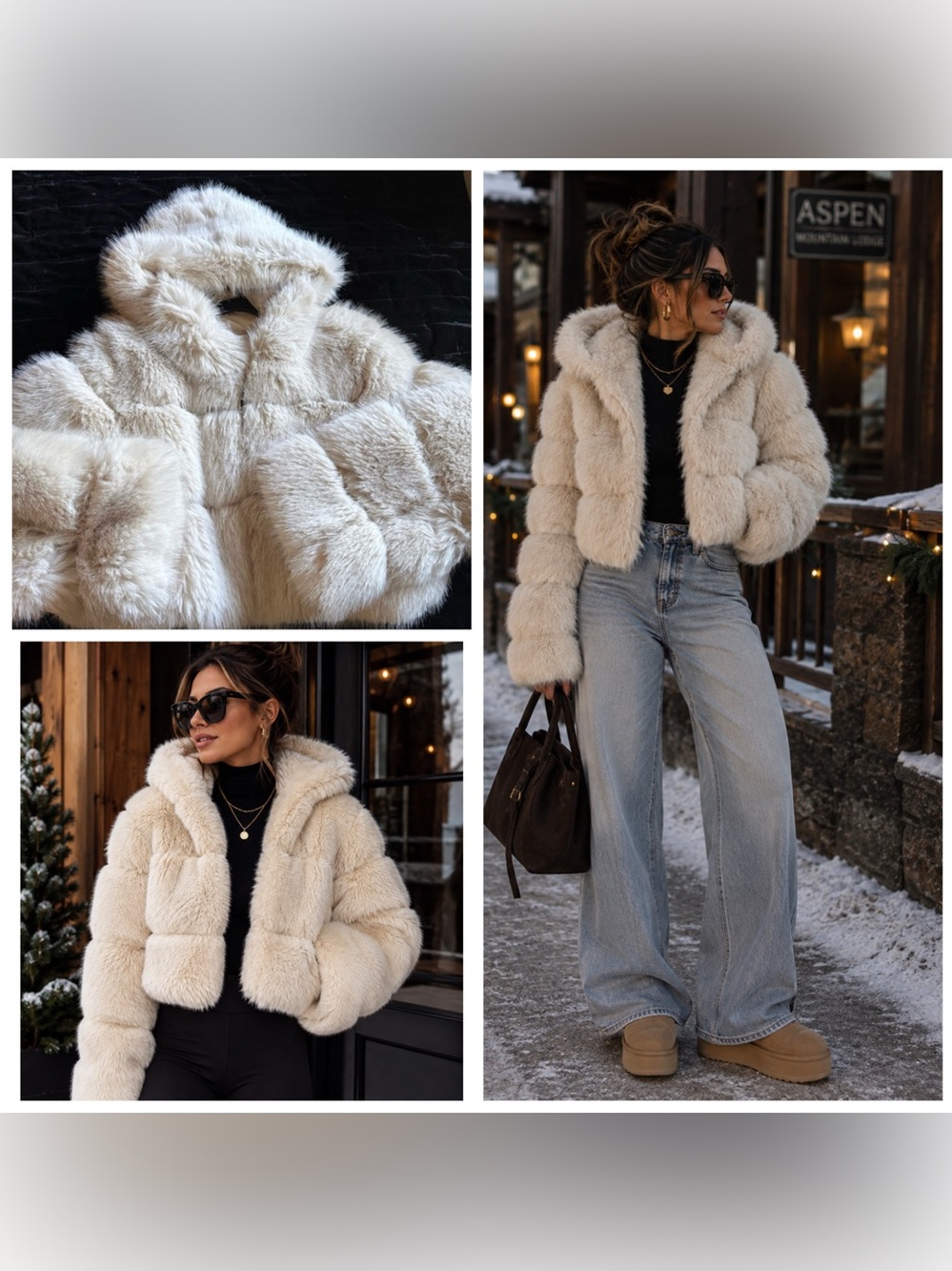 Women’s cropped Cream Faux Fur Hooded Jacket